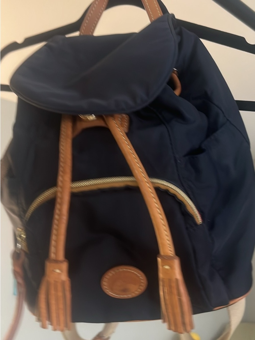 Dooney & Bourke Navy Blue Nylon Mini Backpack with Brown Leather Trim